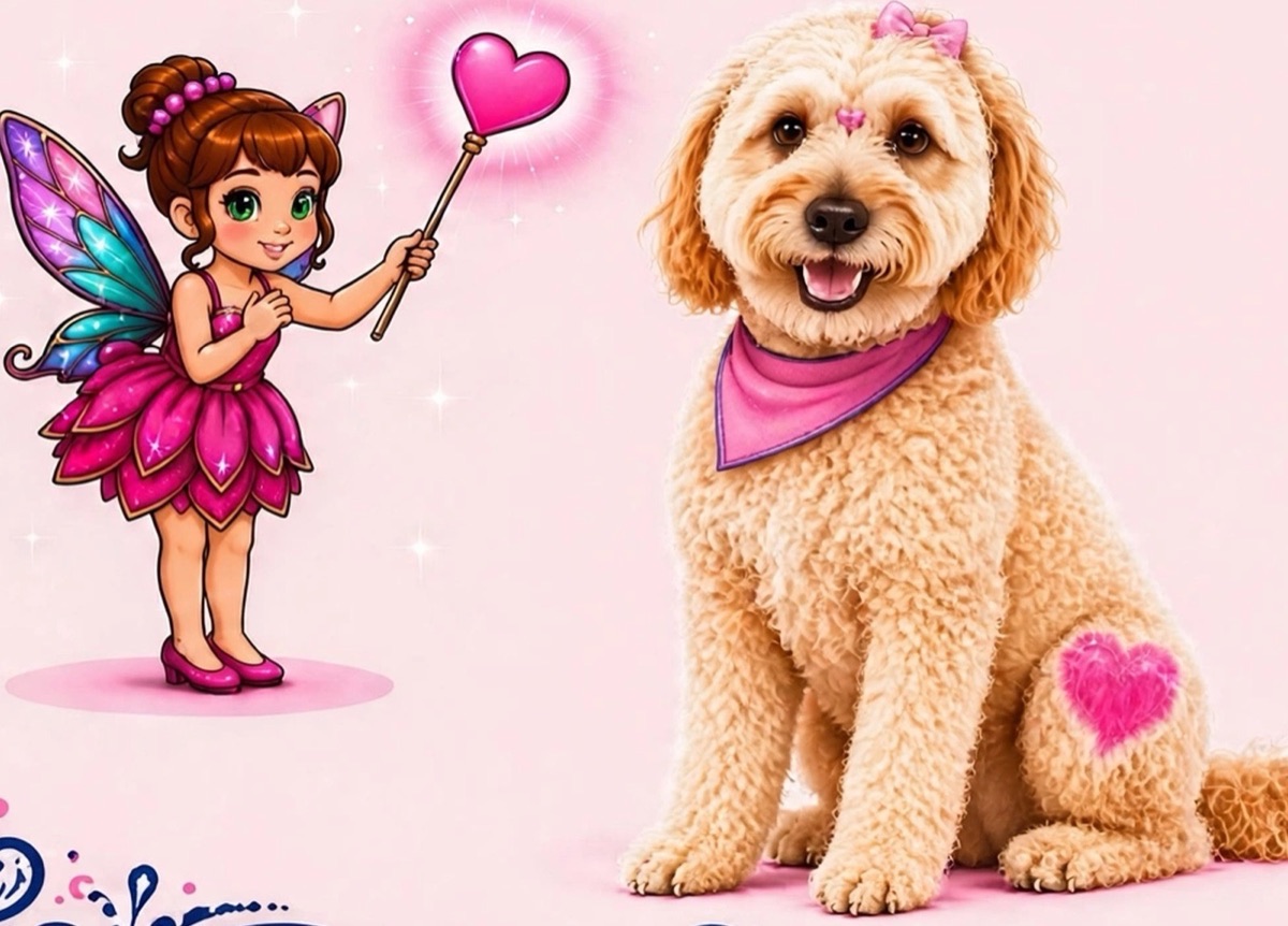 An illustrated fairy with a heart wand beside Millie Mae, Sharie's cream mini Goldendoodle, in a pink bandana