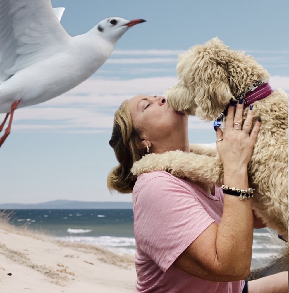 Sharie hugging a doodle on the beach as a seagull flies past